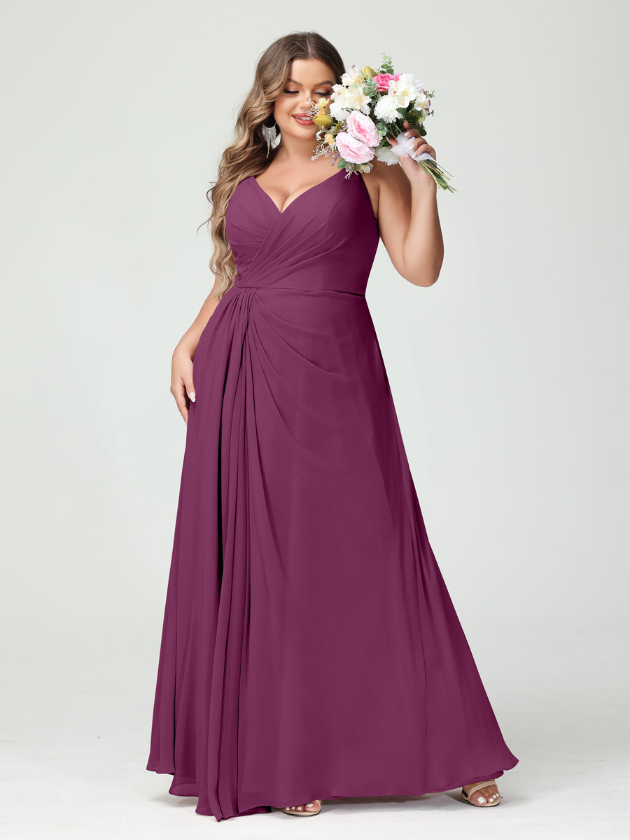 A-Line/Princess Spaghetti Straps Sleeveless Chiffon Split Side Plus Size Bridesmaid Dresses with Pockets