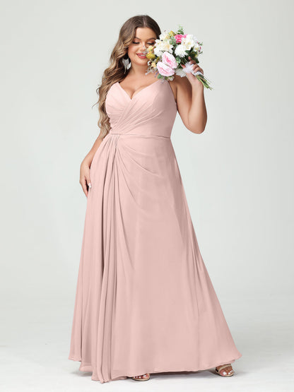 A-Line/Princess Spaghetti Straps Sleeveless Chiffon Split Side Plus Size Bridesmaid Dresses with Pockets