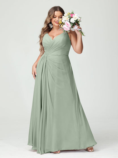 A-Line/Princess Spaghetti Straps Sleeveless Chiffon Split Side Plus Size Bridesmaid Dresses with Pockets