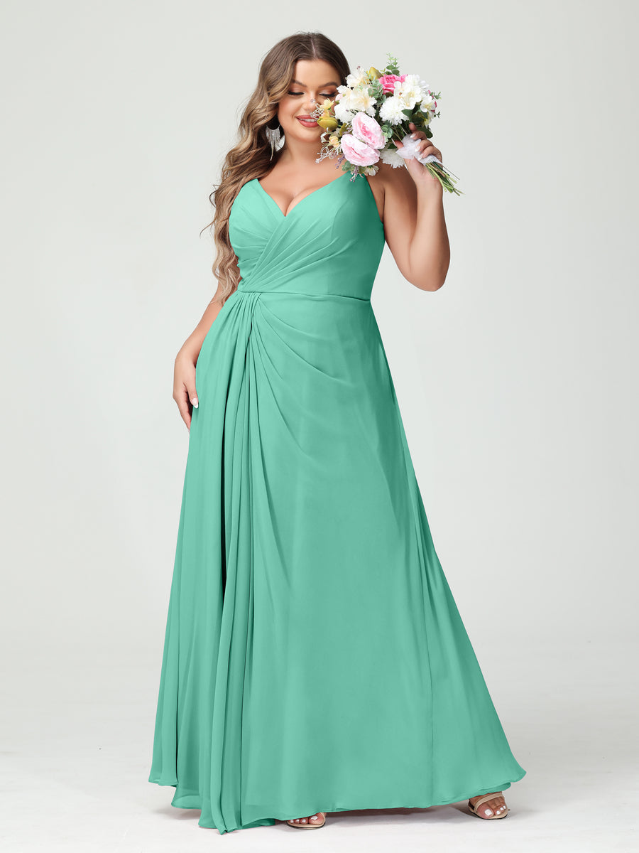 A-Line/Princess Spaghetti Straps Sleeveless Chiffon Split Side Plus Size Bridesmaid Dresses with Pockets