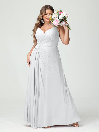 A-Line/Princess Spaghetti Straps Sleeveless Chiffon Split Side Plus Size Bridesmaid Dresses with Pockets