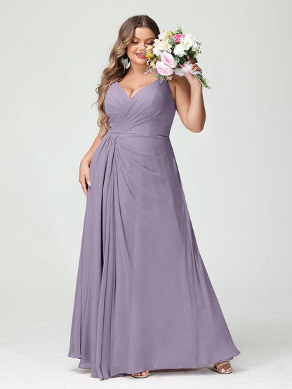 A-Line/Princess Spaghetti Straps Sleeveless Chiffon Split Side Plus Size Bridesmaid Dresses with Pockets