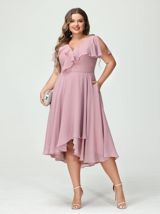 A-Line/Princess V-Neck Short Sleeves Chiffon Ruffles High-Low Plus Size Bridesmaid Dresses with Pockets