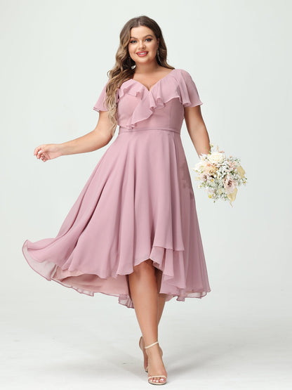 A-Line/Princess V-Neck Short Sleeves Chiffon Ruffles High-Low Plus Size Bridesmaid Dresses with Pockets