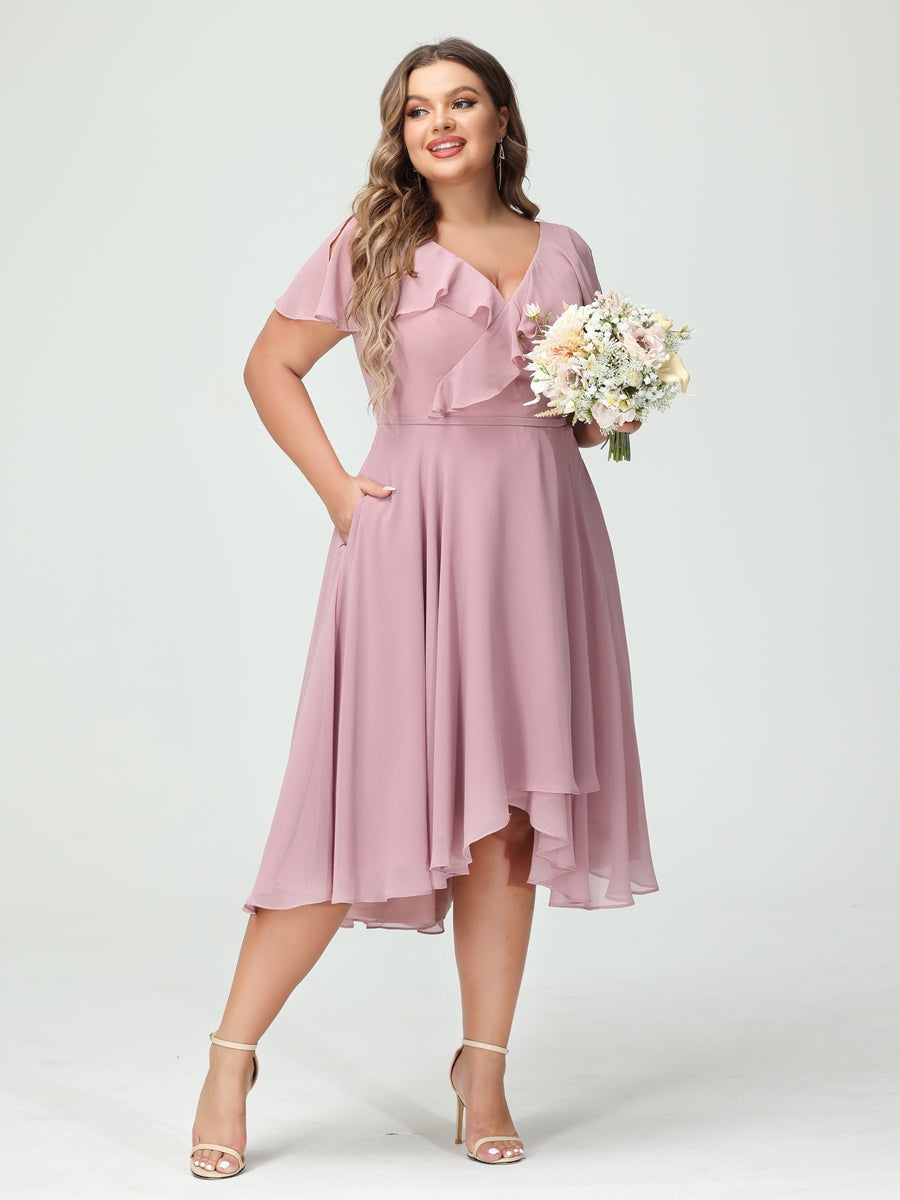 A-Line/Princess V-Neck Short Sleeves Chiffon Ruffles High-Low Plus Size Bridesmaid Dresses with Pockets