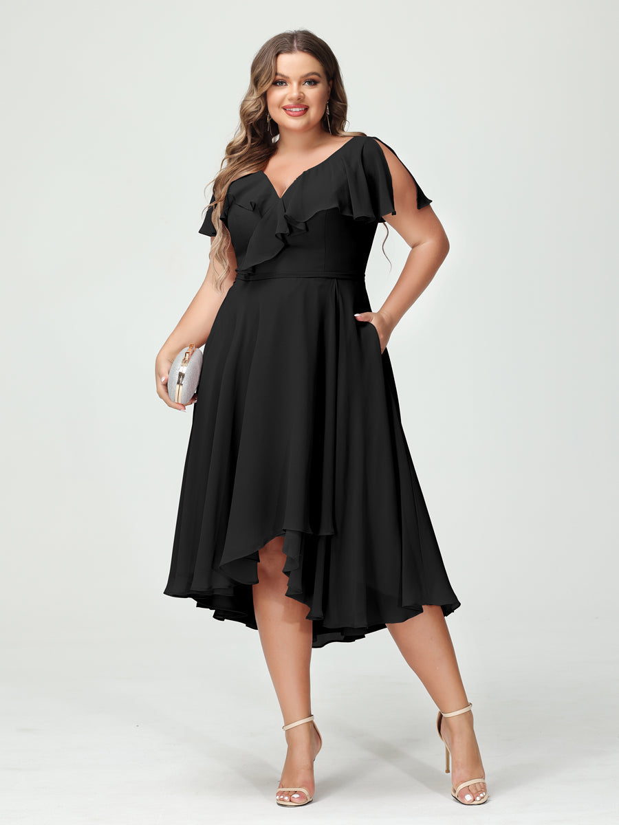 A-Line/Princess V-Neck Short Sleeves Chiffon Ruffles High-Low Plus Size Bridesmaid Dresses with Pockets