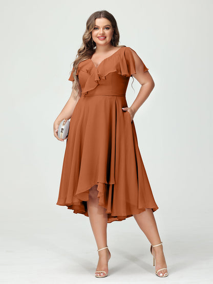 A-Line/Princess V-Neck Short Sleeves Chiffon Ruffles High-Low Plus Size Bridesmaid Dresses with Pockets