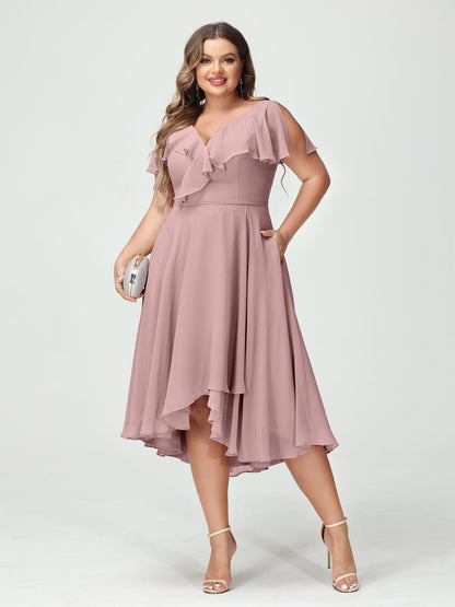 A-Line/Princess V-Neck Short Sleeves Chiffon Ruffles High-Low Plus Size Bridesmaid Dresses with Pockets