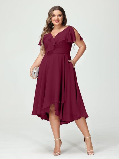 A-Line/Princess V-Neck Short Sleeves Chiffon Ruffles High-Low Plus Size Bridesmaid Dresses with Pockets