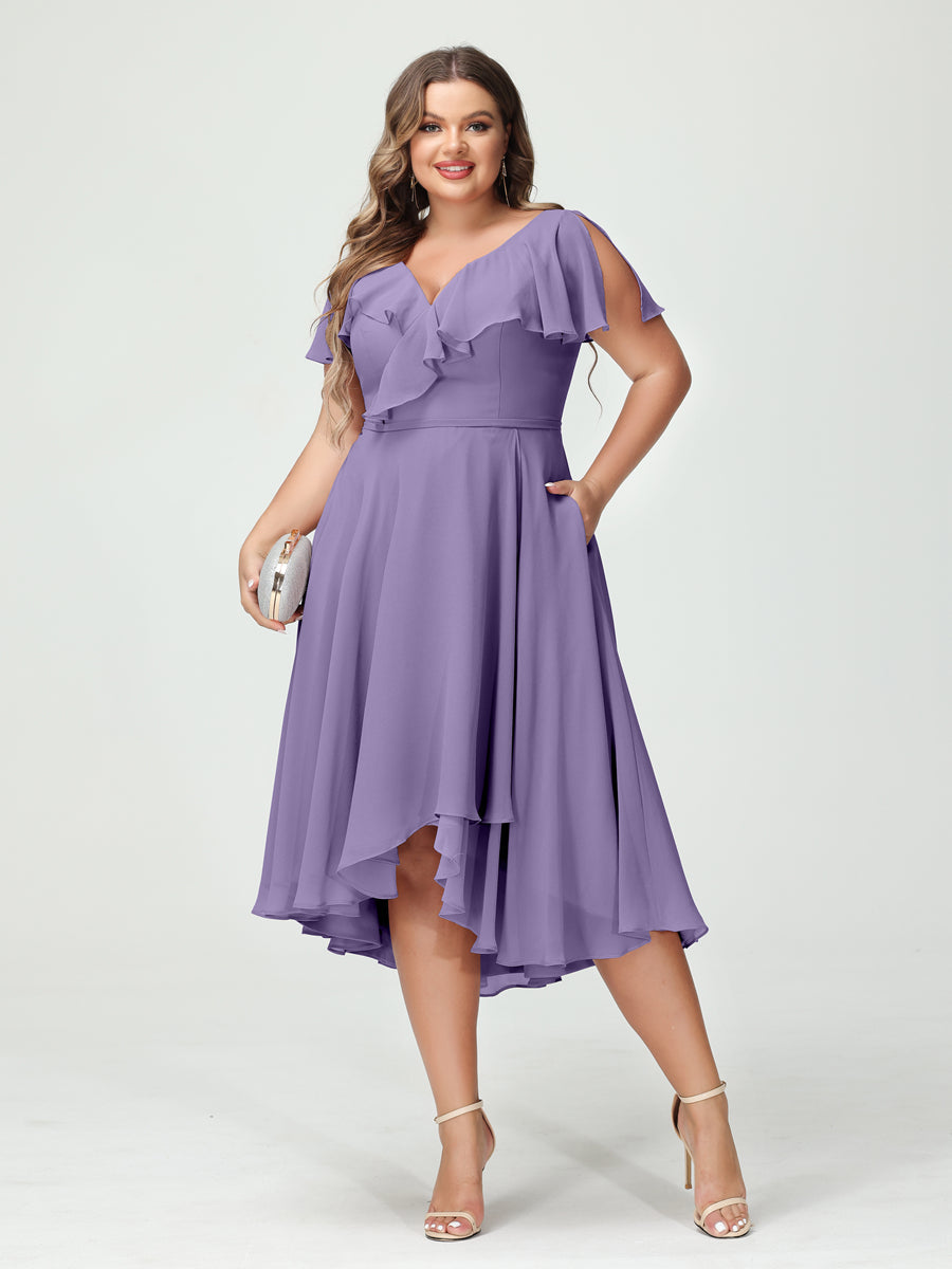 A-Line/Princess V-Neck Short Sleeves Chiffon Ruffles High-Low Plus Size Bridesmaid Dresses with Pockets