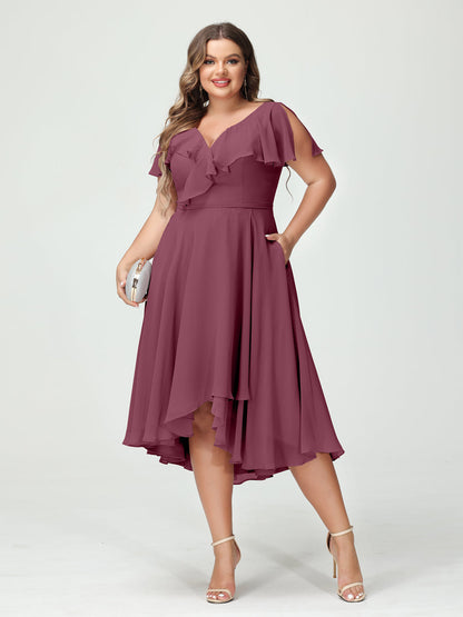 A-Line/Princess V-Neck Short Sleeves Chiffon Ruffles High-Low Plus Size Bridesmaid Dresses with Pockets