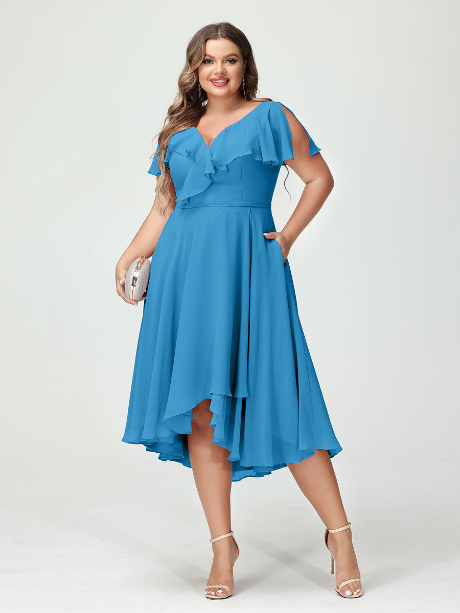 A-Line/Princess V-Neck Short Sleeves Chiffon Ruffles High-Low Plus Size Bridesmaid Dresses with Pockets