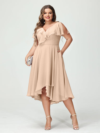 A-Line/Princess V-Neck Short Sleeves Chiffon Ruffles High-Low Plus Size Bridesmaid Dresses with Pockets