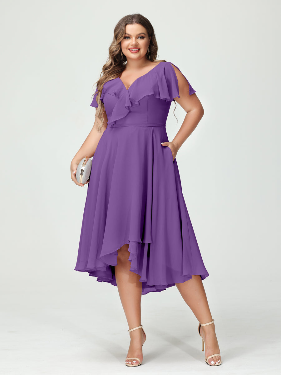 A-Line/Princess V-Neck Short Sleeves Chiffon Ruffles High-Low Plus Size Bridesmaid Dresses with Pockets