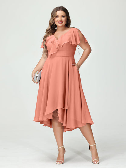 A-Line/Princess V-Neck Short Sleeves Chiffon Ruffles High-Low Plus Size Bridesmaid Dresses with Pockets