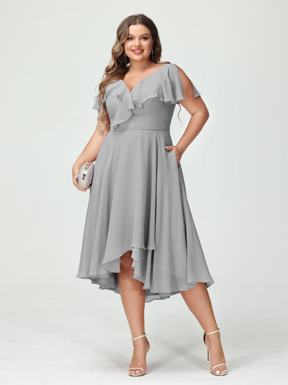 A-Line/Princess V-Neck Short Sleeves Chiffon Ruffles High-Low Plus Size Bridesmaid Dresses with Pockets