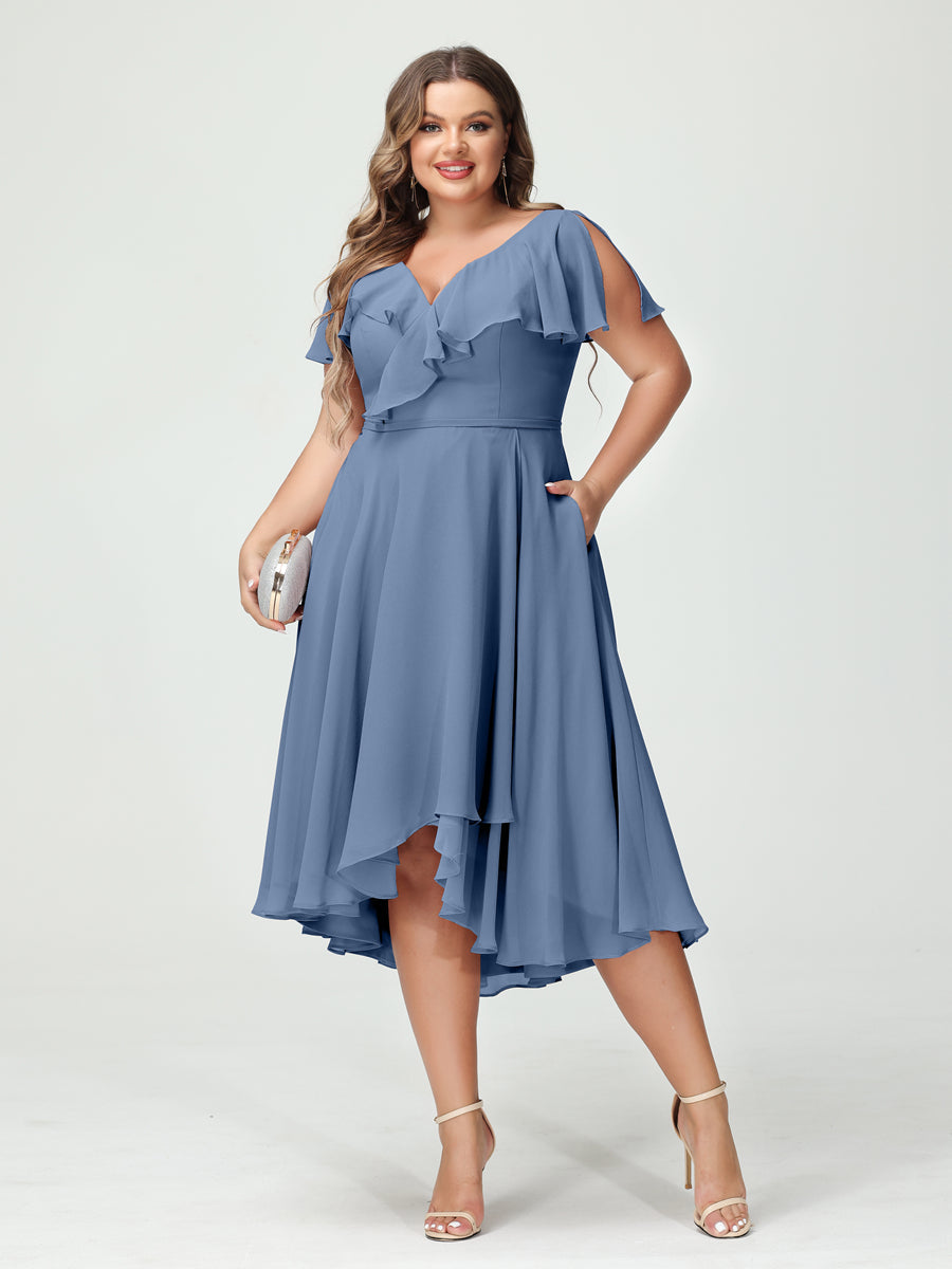 A-Line/Princess V-Neck Short Sleeves Chiffon Ruffles High-Low Plus Size Bridesmaid Dresses with Pockets