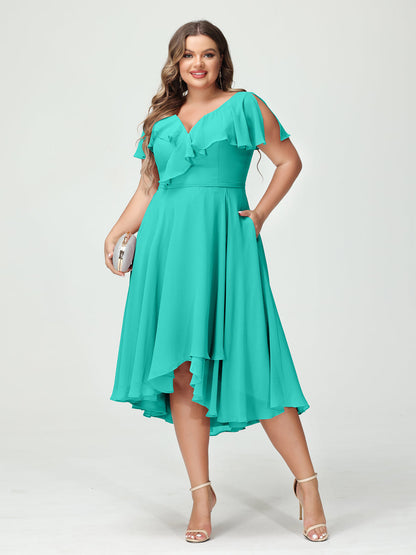 A-Line/Princess V-Neck Short Sleeves Chiffon Ruffles High-Low Plus Size Bridesmaid Dresses with Pockets