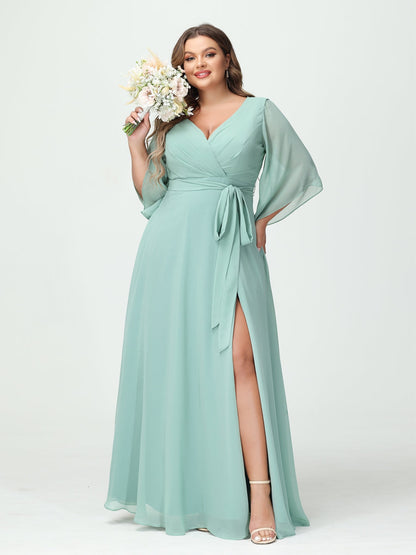 A-Line/Princess V-Neck Long Sleeves Chiffon Split Side Plus Size Bridesmaid Dresses With Pockets Belt