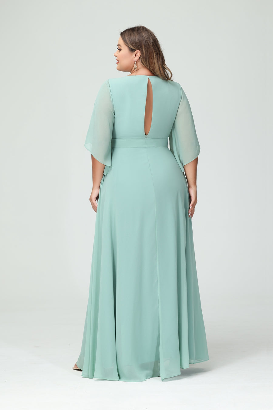 A-Line/Princess V-Neck Long Sleeves Chiffon Split Side Plus Size Bridesmaid Dresses With Pockets Belt