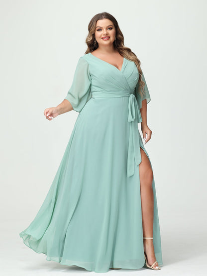 A-Line/Princess V-Neck Long Sleeves Chiffon Split Side Plus Size Bridesmaid Dresses With Pockets Belt