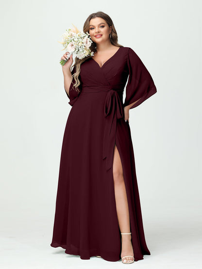 A-Line/Princess V-Neck Long Sleeves Chiffon Split Side Plus Size Bridesmaid Dresses With Pockets Belt