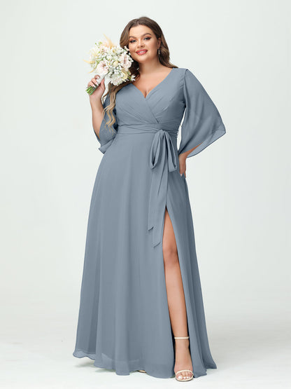 A-Line/Princess V-Neck Long Sleeves Chiffon Split Side Plus Size Bridesmaid Dresses With Pockets Belt