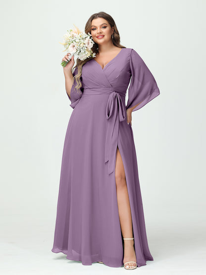 A-Line/Princess V-Neck Long Sleeves Chiffon Split Side Plus Size Bridesmaid Dresses With Pockets Belt