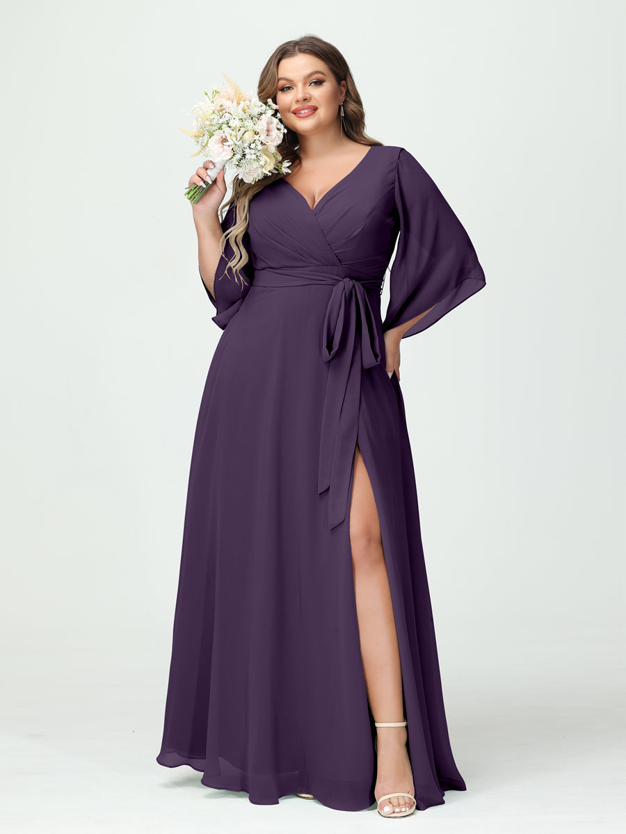 A-Line/Princess V-Neck Long Sleeves Chiffon Split Side Plus Size Bridesmaid Dresses With Pockets Belt