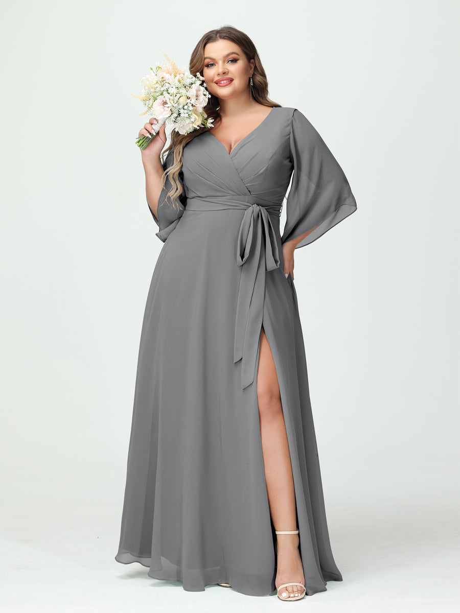 A-Line/Princess V-Neck Long Sleeves Chiffon Split Side Plus Size Bridesmaid Dresses With Pockets Belt