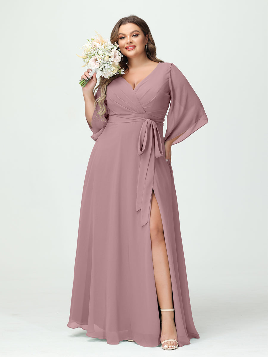 A-Line/Princess V-Neck Long Sleeves Chiffon Split Side Plus Size Bridesmaid Dresses With Pockets Belt