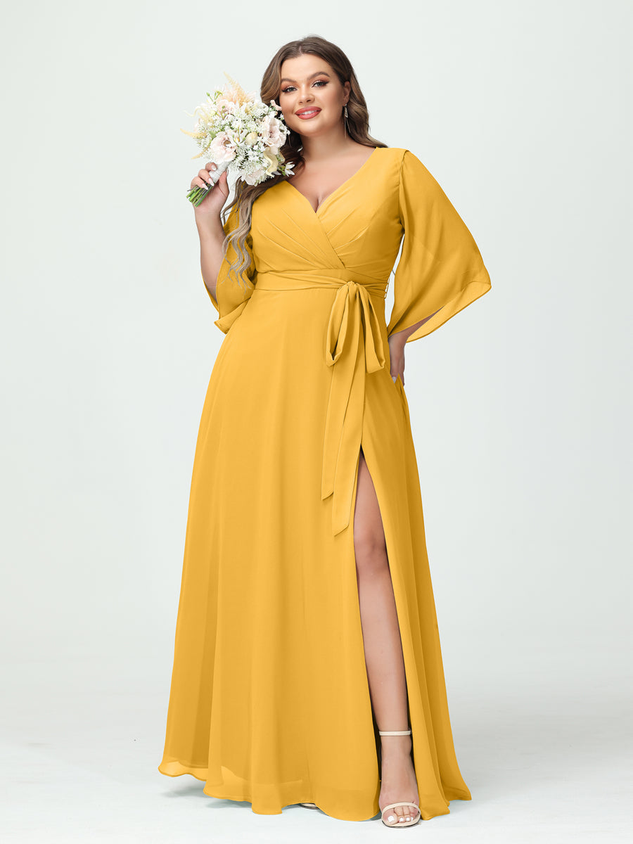 A-Line/Princess V-Neck Long Sleeves Chiffon Split Side Plus Size Bridesmaid Dresses With Pockets Belt