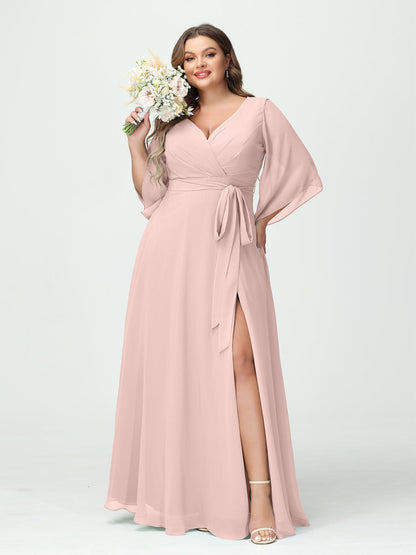 A-Line/Princess V-Neck Long Sleeves Chiffon Split Side Plus Size Bridesmaid Dresses With Pockets Belt