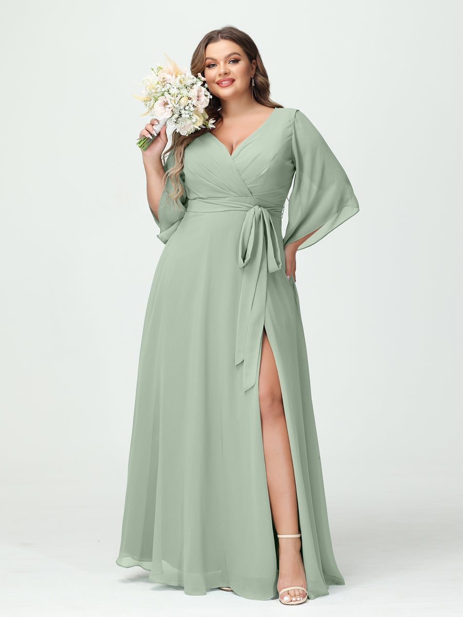 A-Line/Princess V-Neck Long Sleeves Chiffon Split Side Plus Size Bridesmaid Dresses With Pockets Belt