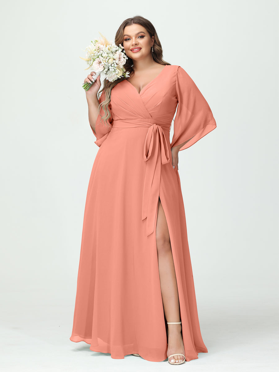 A-Line/Princess V-Neck Long Sleeves Chiffon Split Side Plus Size Bridesmaid Dresses With Pockets Belt