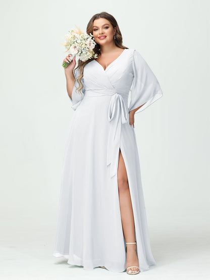 A-Line/Princess V-Neck Long Sleeves Chiffon Split Side Plus Size Bridesmaid Dresses With Pockets Belt