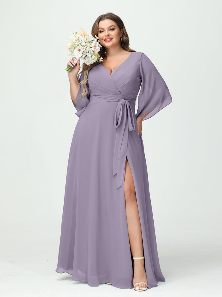 A-Line/Princess V-Neck Long Sleeves Chiffon Split Side Plus Size Bride- Lavetir