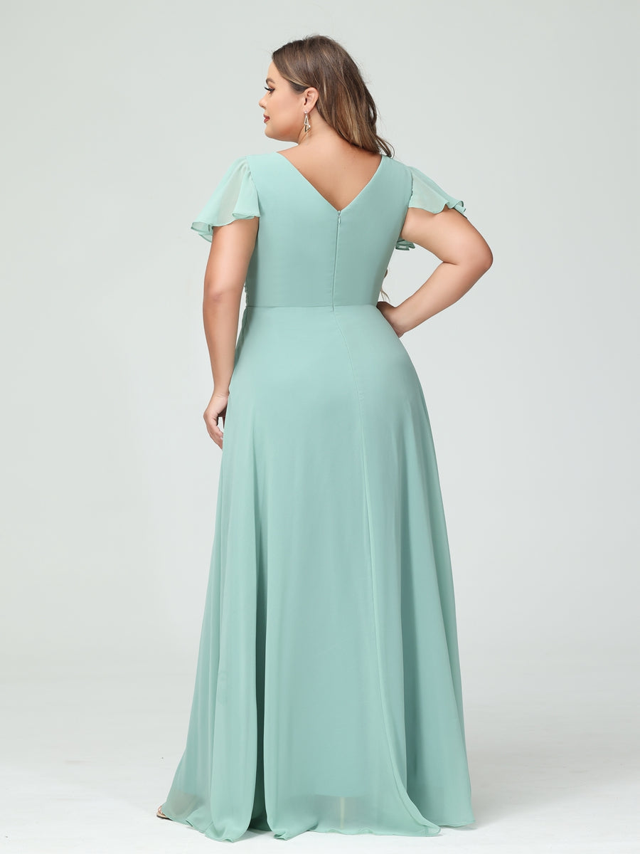 A-Line/Princess V-Neck Short Sleeves Chiffon Split Side Plus Size Bridesmaid Dresses with Pockets