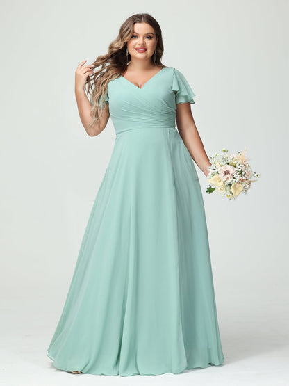 A-Line/Princess V-Neck Short Sleeves Chiffon Split Side Plus Size Bridesmaid Dresses with Pockets