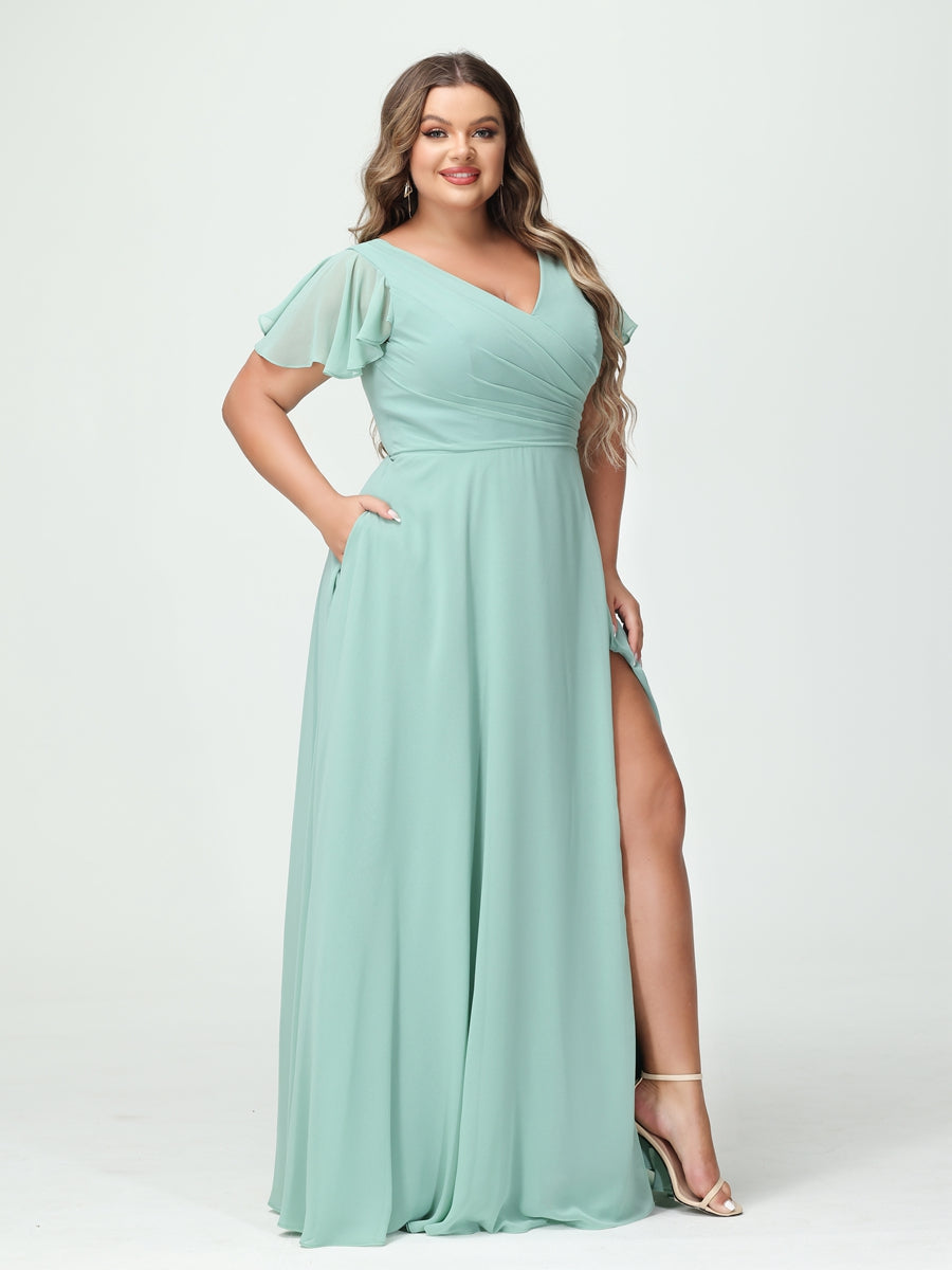 A-Line/Princess V-Neck Short Sleeves Chiffon Split Side Plus Size Bridesmaid Dresses with Pockets