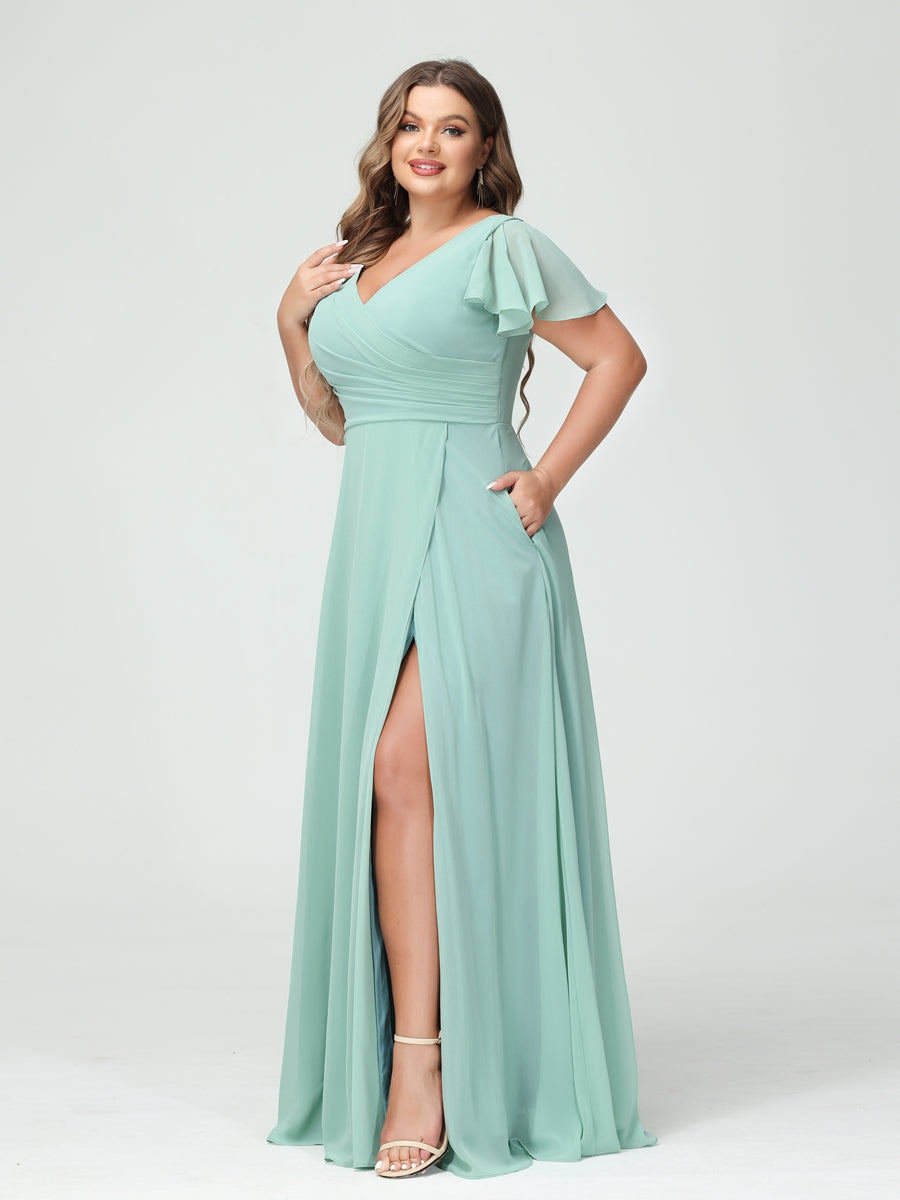 A-Line/Princess V-Neck Short Sleeves Chiffon Split Side Plus Size Bridesmaid Dresses with Pockets