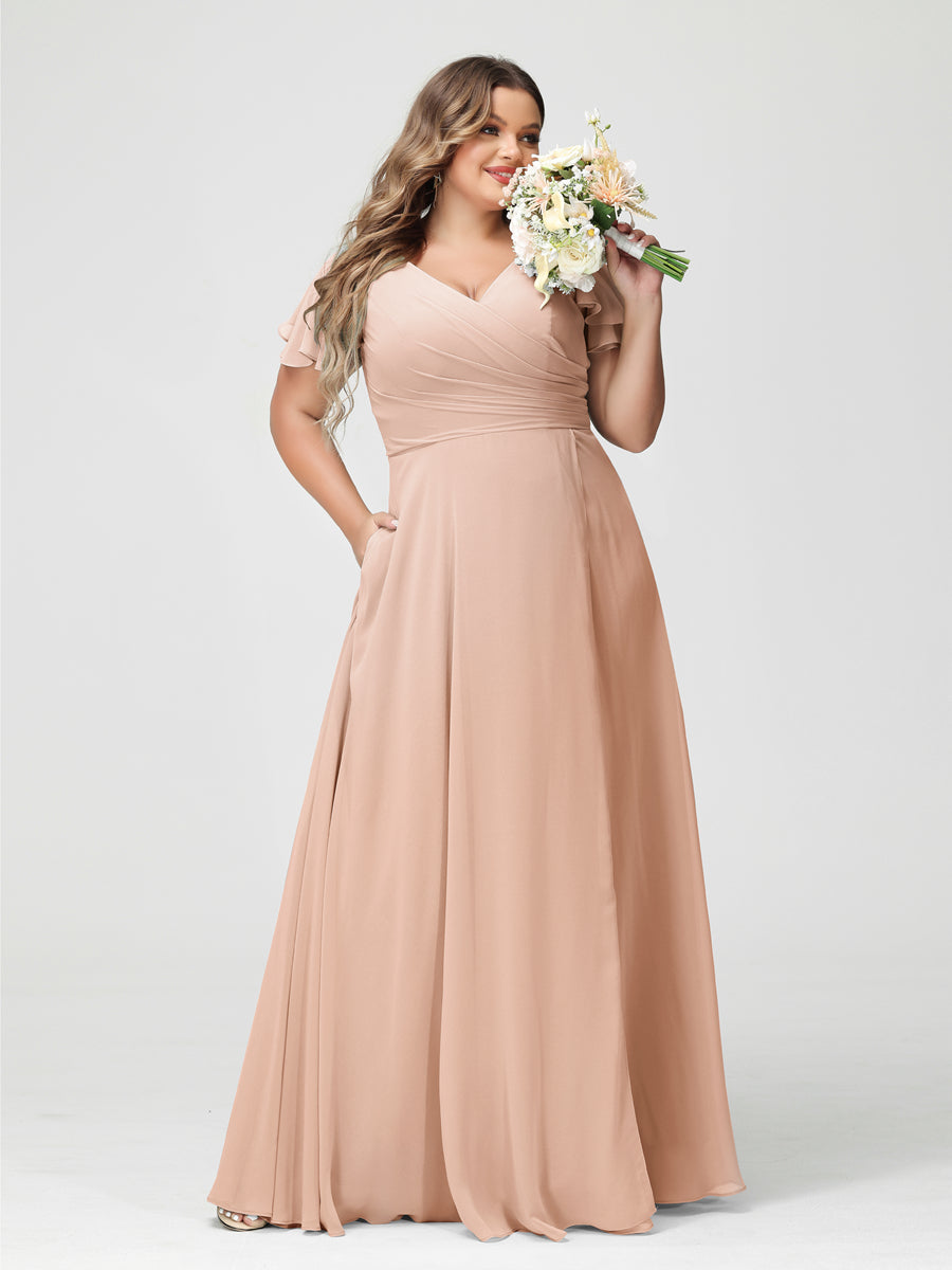 A-Line/Princess V-Neck Short Sleeves Chiffon Split Side Plus Size Bridesmaid Dresses with Pockets