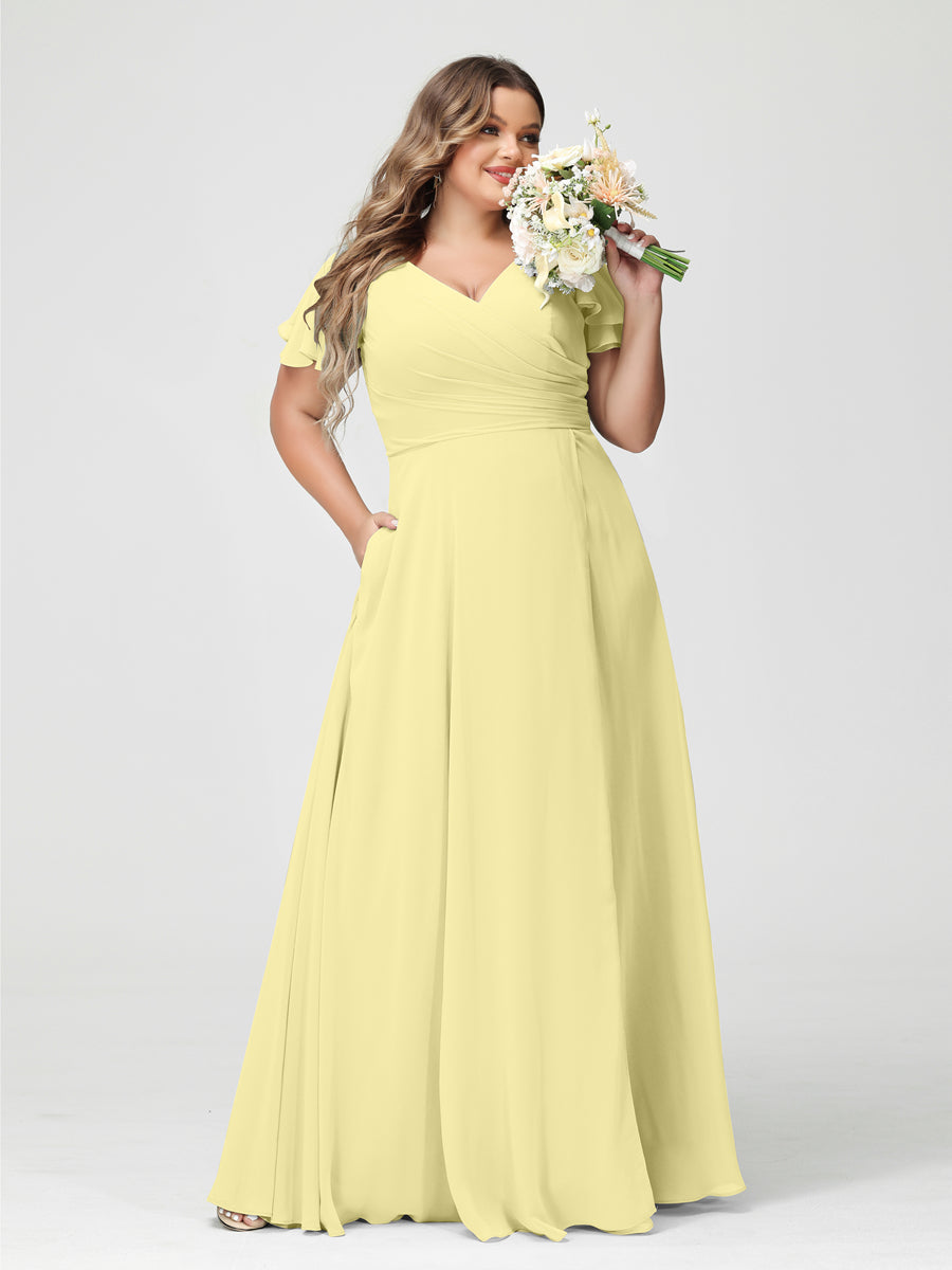 A-Line/Princess V-Neck Short Sleeves Chiffon Split Side Plus Size Bridesmaid Dresses with Pockets