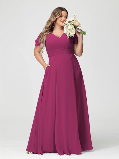 A-Line/Princess V-Neck Short Sleeves Chiffon Split Side Plus Size Bridesmaid Dresses with Pockets