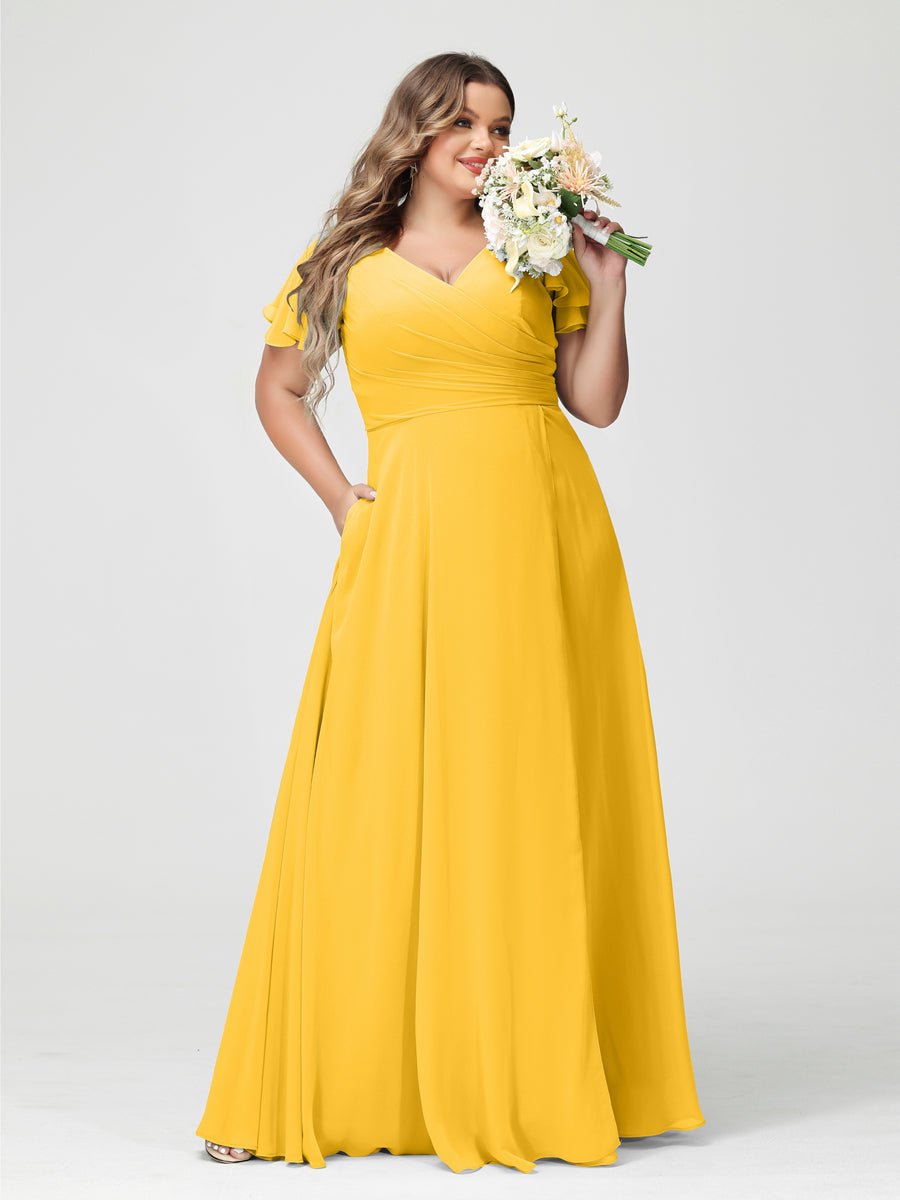 A-Line/Princess V-Neck Short Sleeves Chiffon Split Side Plus Size Bridesmaid Dresses with Pockets