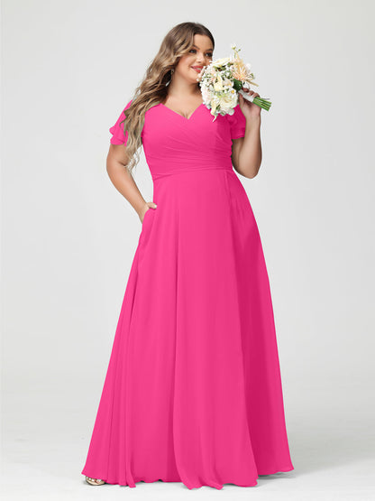 A-Line/Princess V-Neck Short Sleeves Chiffon Split Side Plus Size Bridesmaid Dresses with Pockets