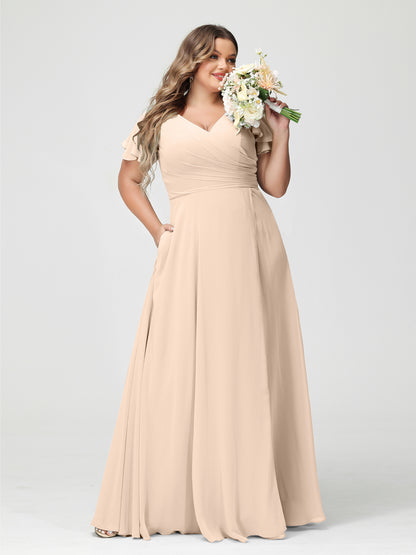 A-Line/Princess V-Neck Short Sleeves Chiffon Split Side Plus Size Bridesmaid Dresses with Pockets