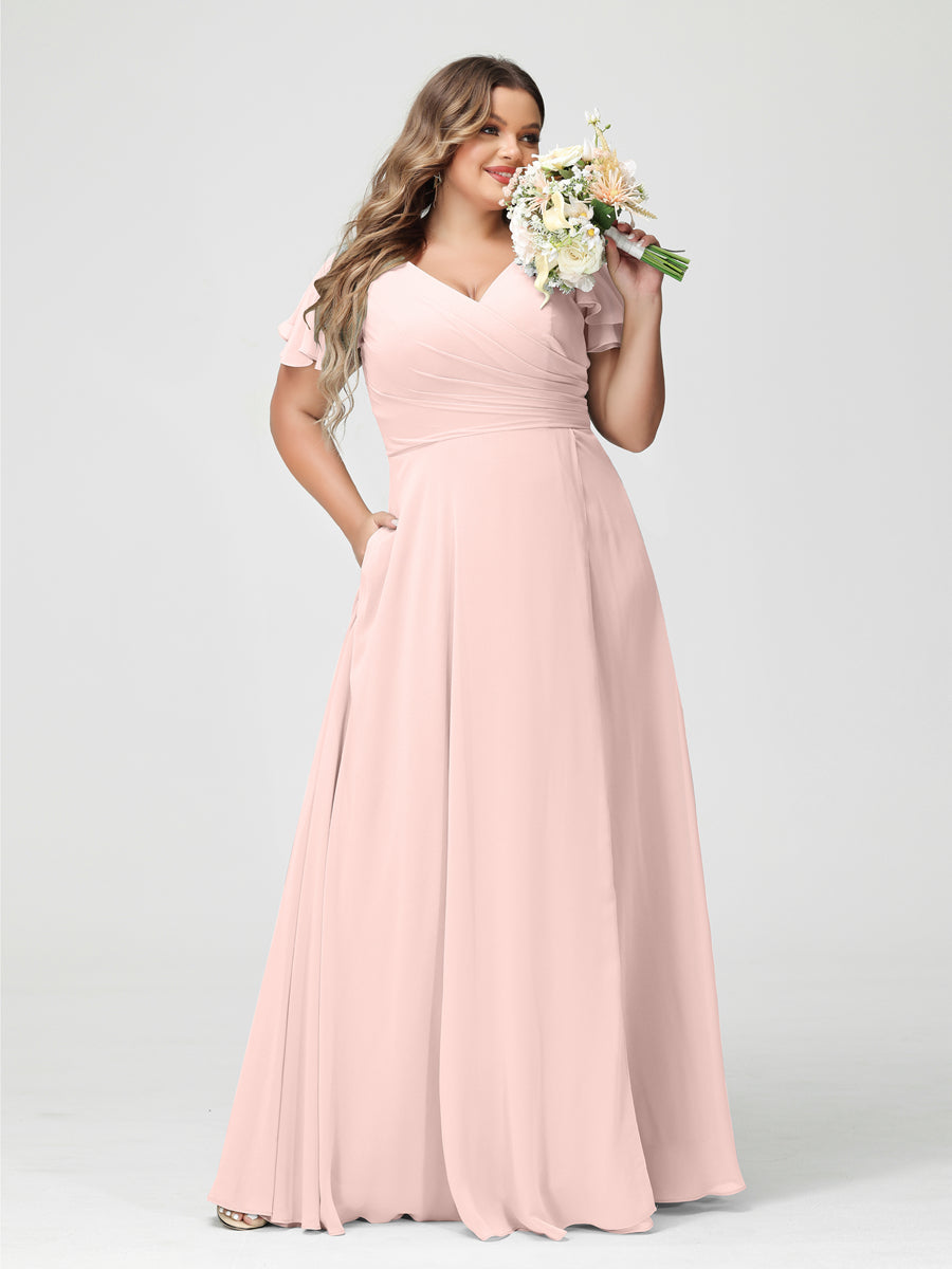 A-Line/Princess V-Neck Short Sleeves Chiffon Split Side Plus Size Bridesmaid Dresses with Pockets