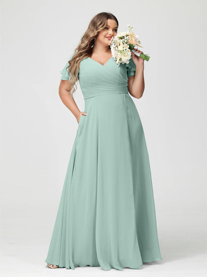 A-Line/Princess V-Neck Short Sleeves Chiffon Split Side Plus Size Bridesmaid Dresses with Pockets