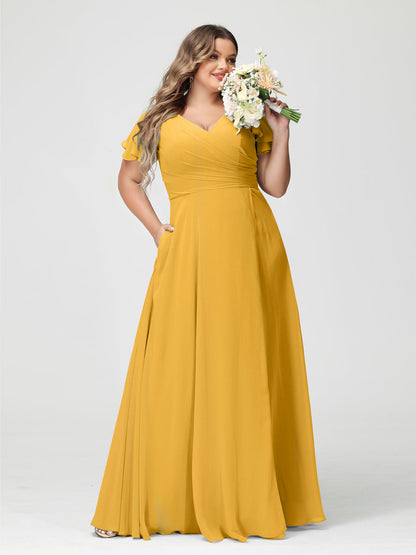 A-Line/Princess V-Neck Short Sleeves Chiffon Split Side Plus Size Bridesmaid Dresses with Pockets